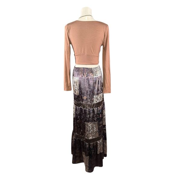 Velvet Patchwork Maxi Skirt | Boho Gypsy Vintage Style Tiered Long Skirt | Small - Picture 4 of 13